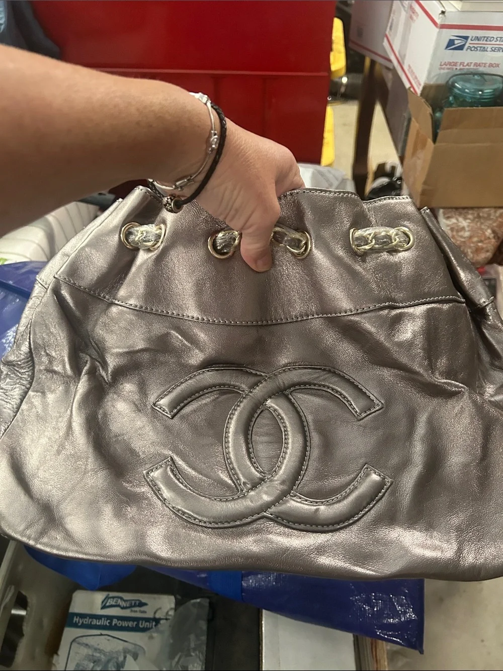 Metallic Silver Women's Shoulder Bag with Interlocking Logo